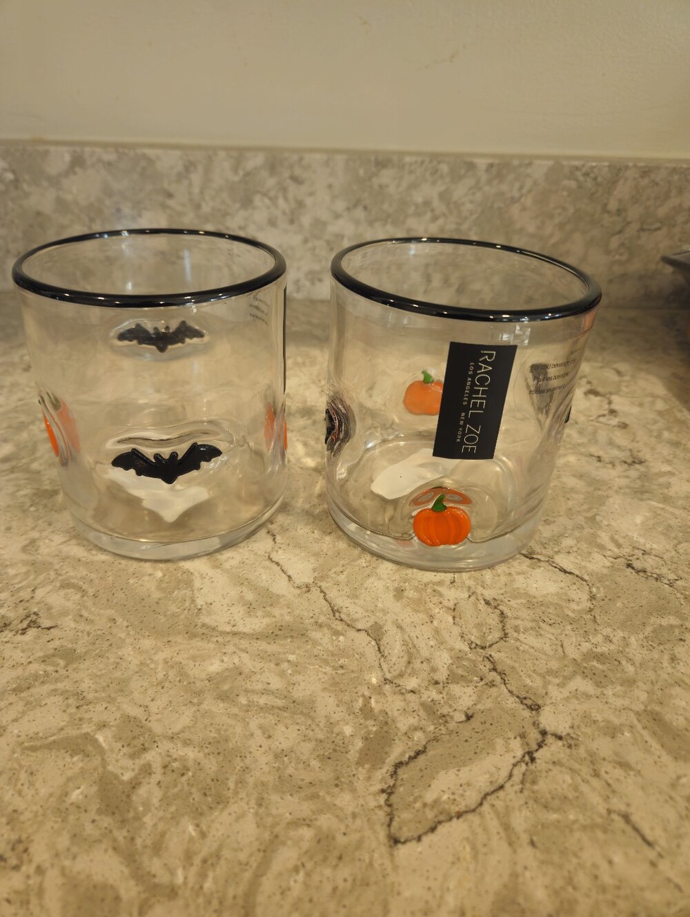 Rachel Zoe Halloween Glass Inlay Pumpkins And Bats Tumblers Set of 2